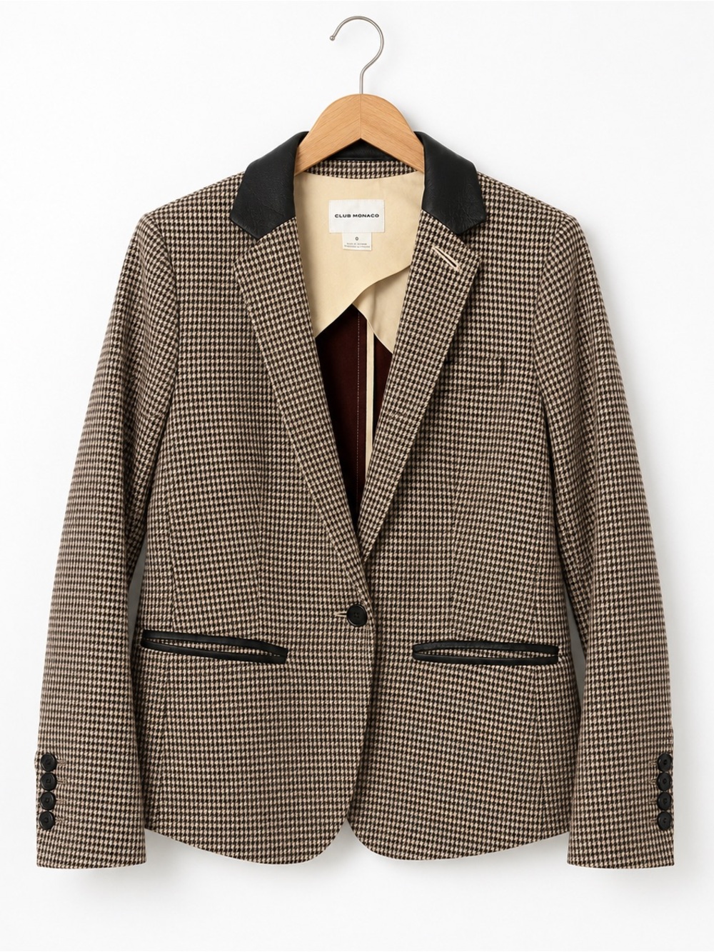 Club Monaco Houndstooth Leather Collar Blazer Tailored Career Jacket - Picture 7 of 7